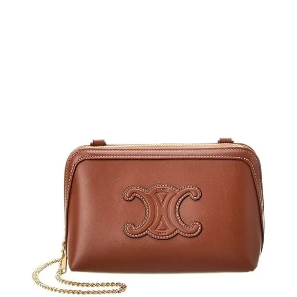 Celine Triomphe Leather Clutch On Chain, Brown - Picture 1 of 4